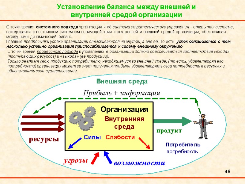 46 Установление баланса между внешней и  внутренней средой организации С точки зрения системного